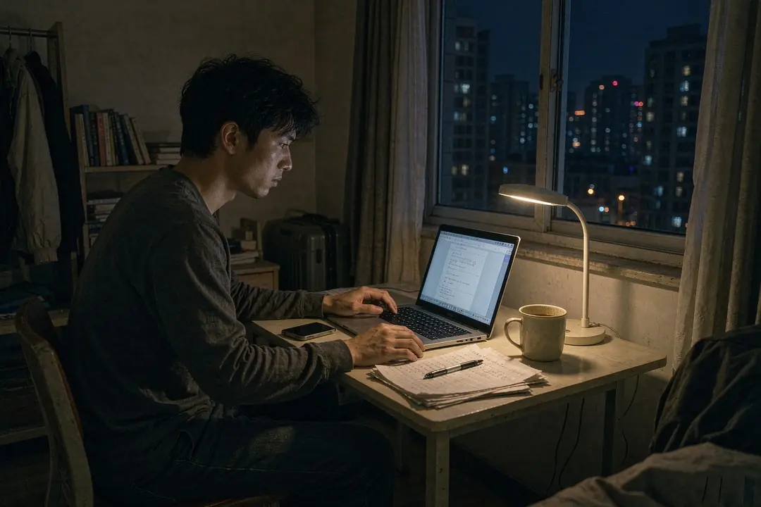 深夜的出租屋：一位创业者独自在灯下工作